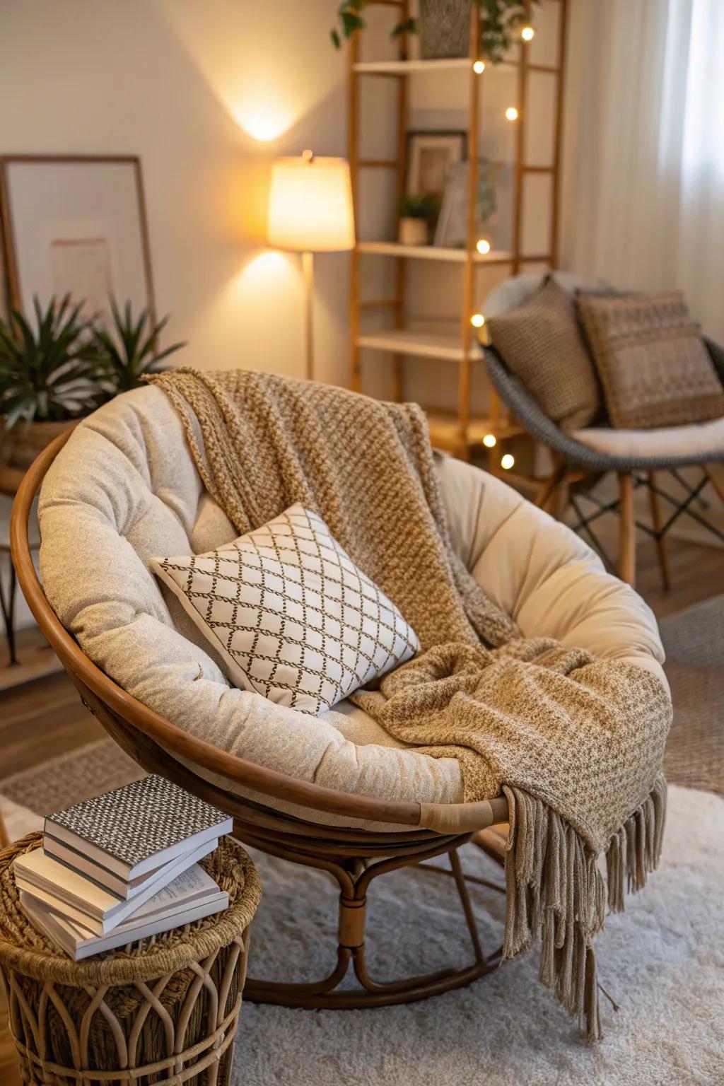 Earthy textures adding warmth to a papasan chair setup.