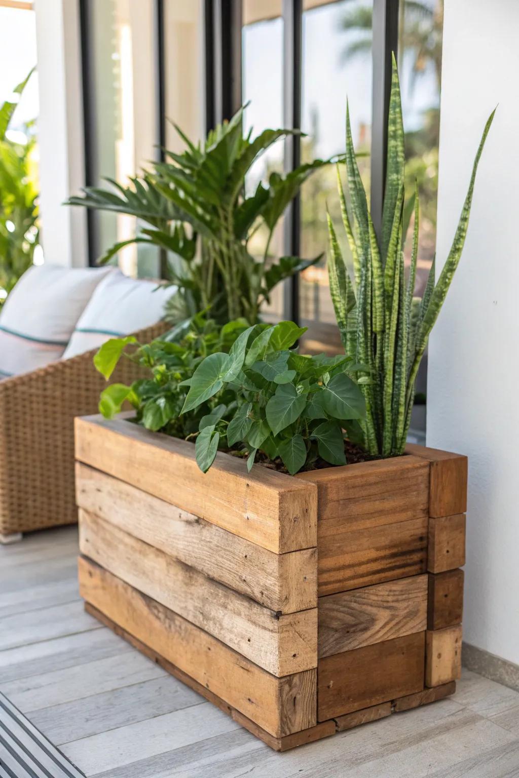 Embrace rustic elegance with handcrafted wooden planters for your parklet oasis.