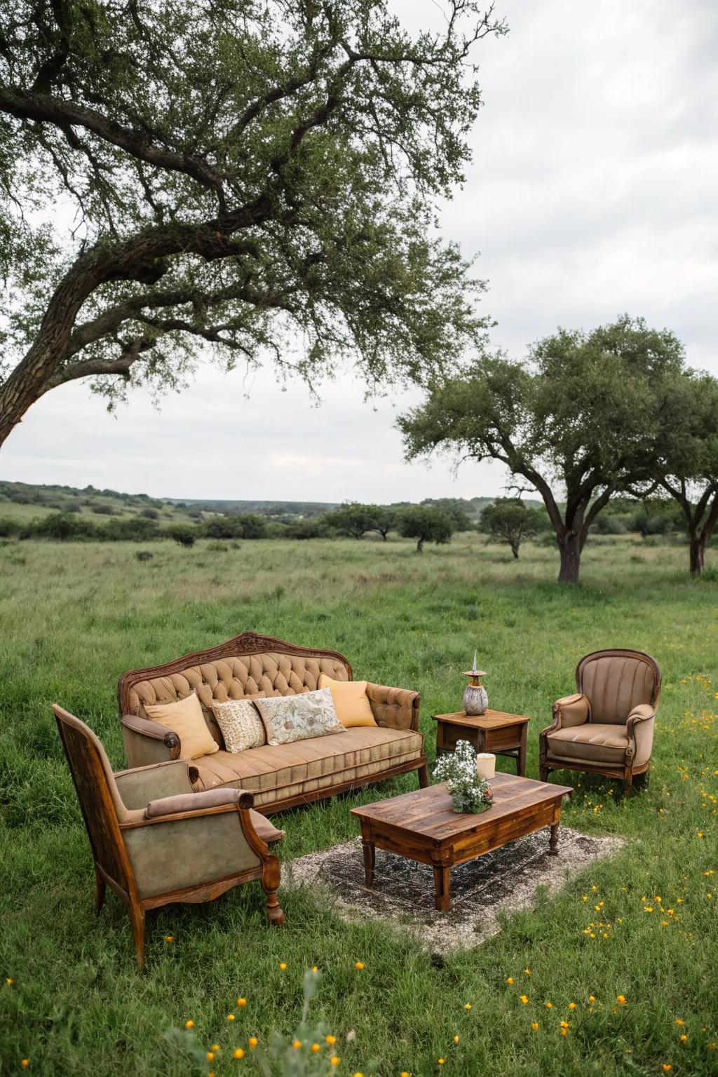 Retro furnishings arranged as an area in the pasture.