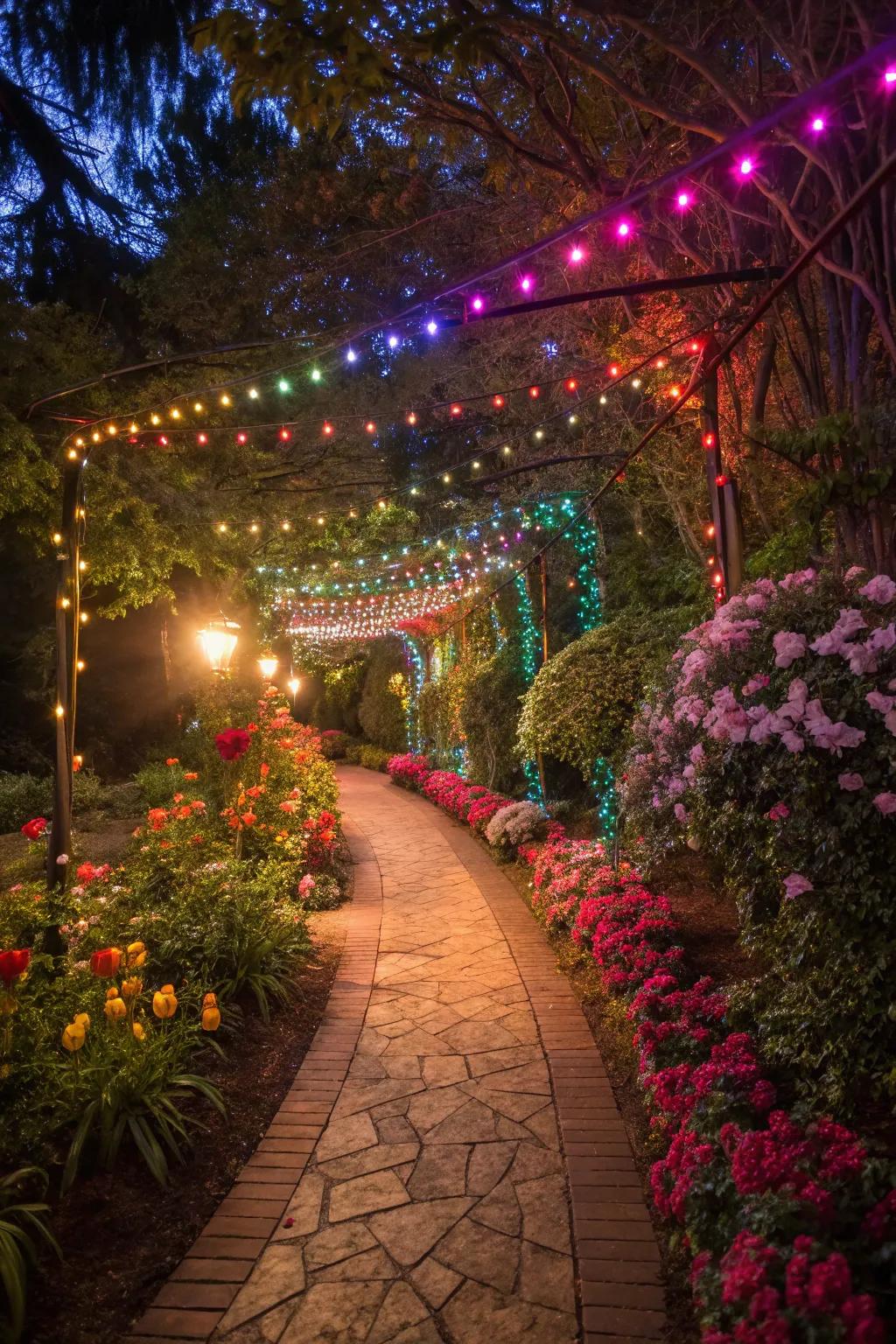 Colorful lights transform your garden path into a vibrant celebration.