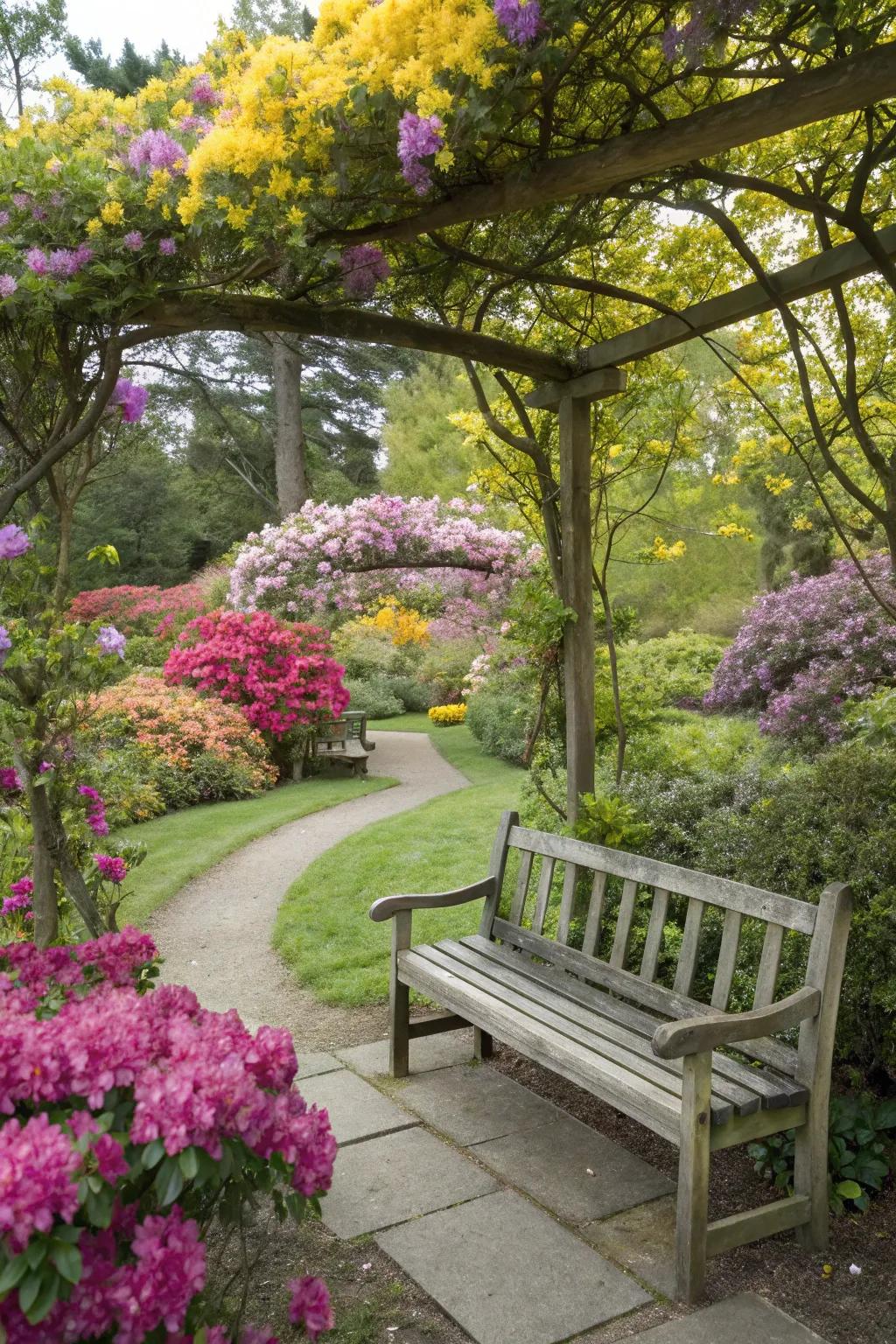 A wooden bench provides a snug location to unwind in nature.