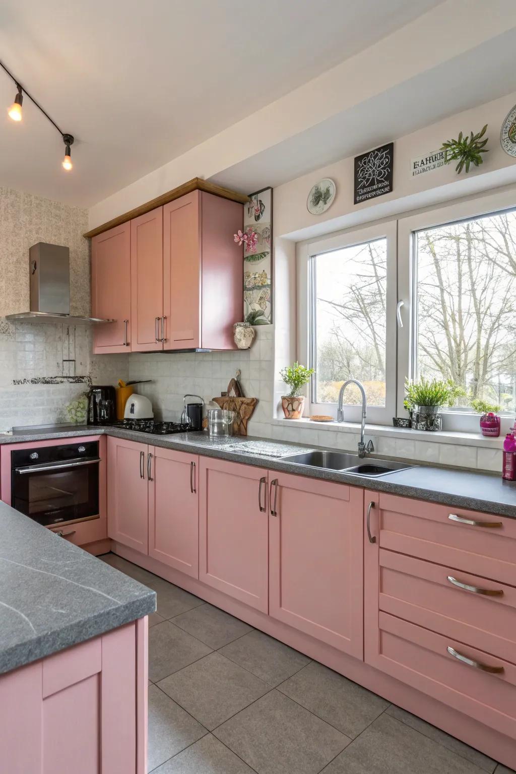 Stunning rose cabinetry contrasted against refined grey worktops.