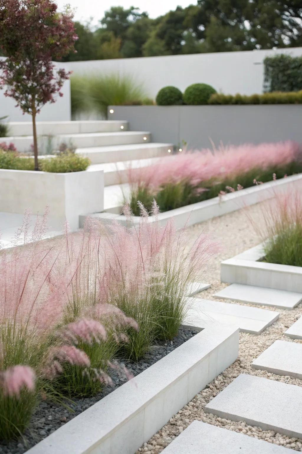 Soften modern designs with the elegance of pink muhly grass.