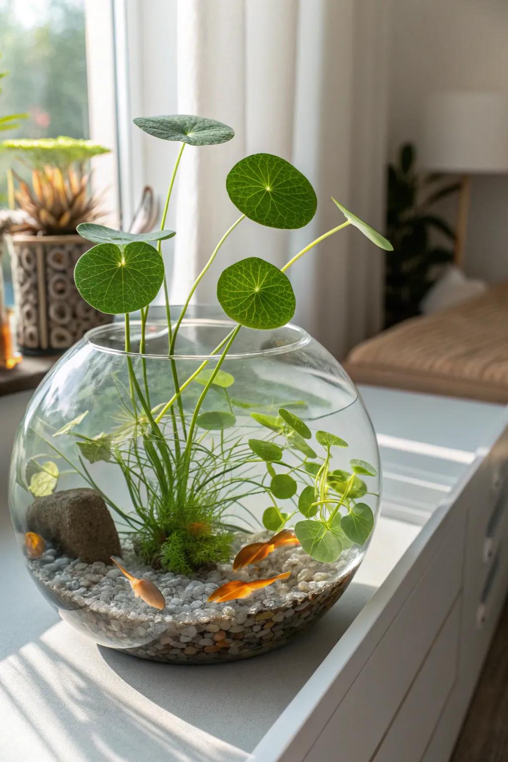 Embrace serenity with a Floating Fern Fantasy in your goldfish tank.