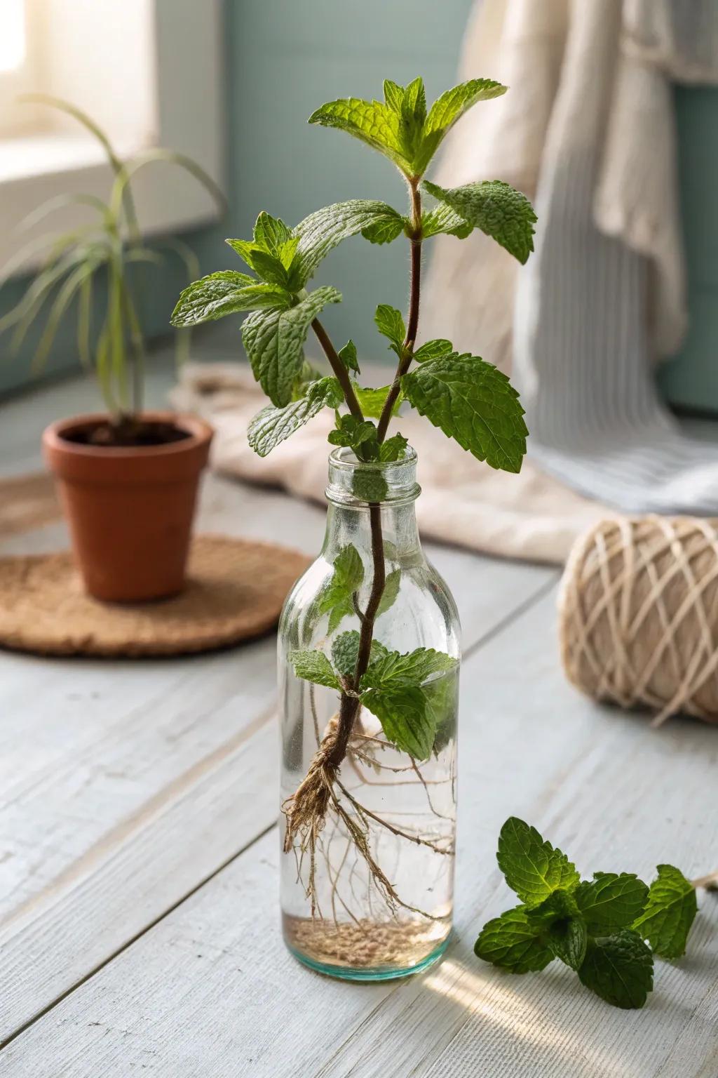 Witness the serene beauty of nature's growth with mint in a glass bottle. #WaterPropagationWonders #ScandiBoho #NaturalBeauty