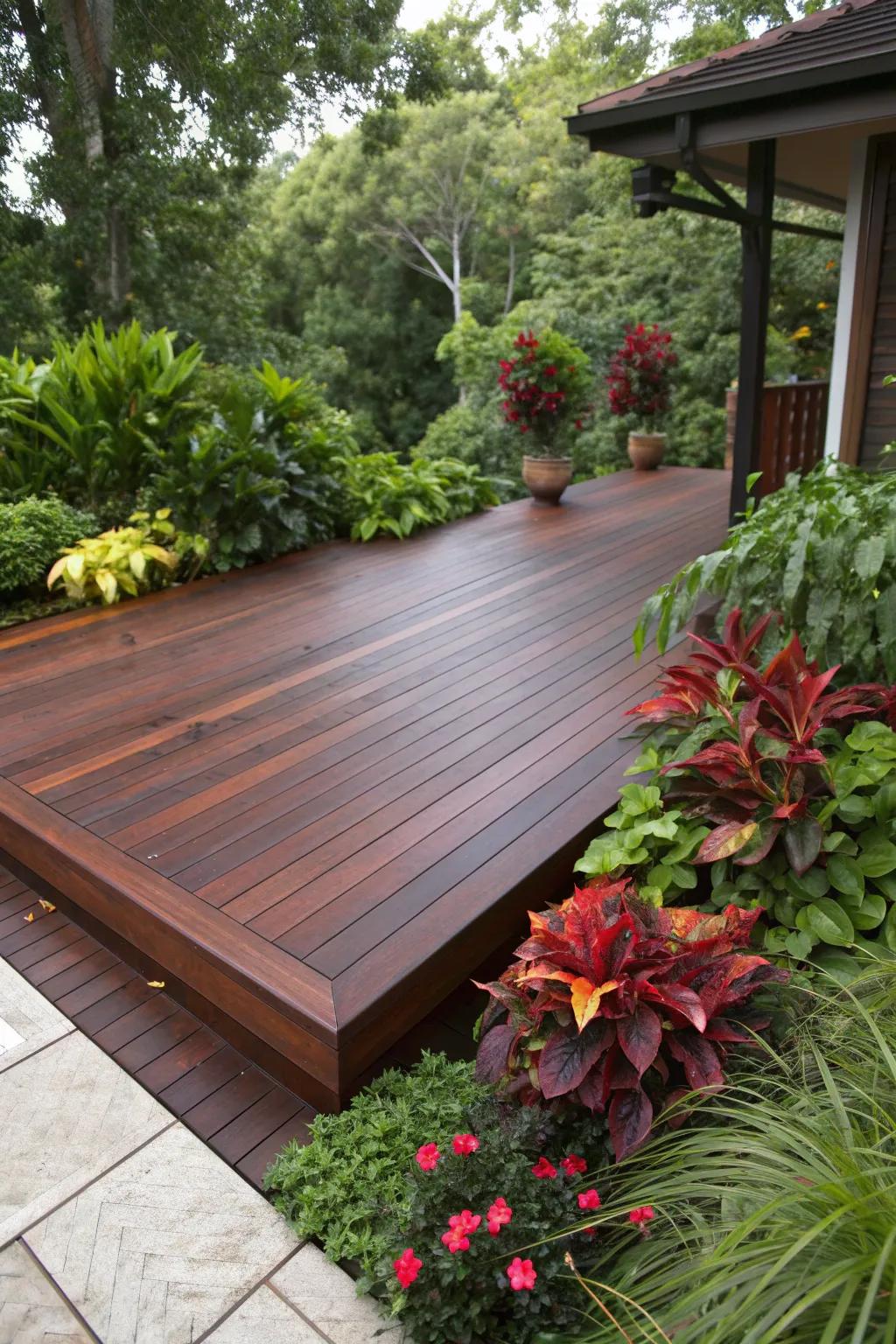 Transform your outdoor space into a nature-integrated sanctuary with a beautifully crafted deck surrounded by lush greenery.