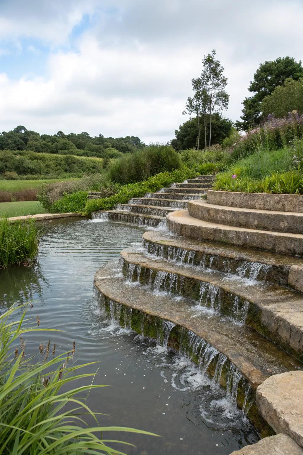 Staggered platforms append dimension and intrigue to your pond stream.