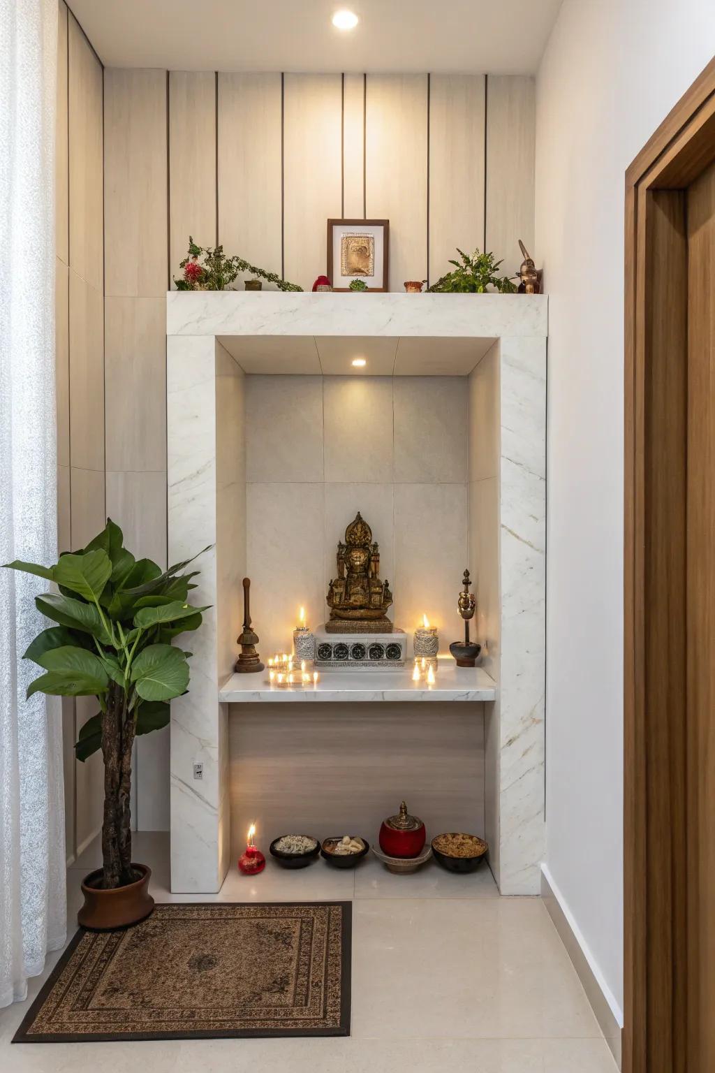Small yet functional, this pooja corner uses the most of limited space.