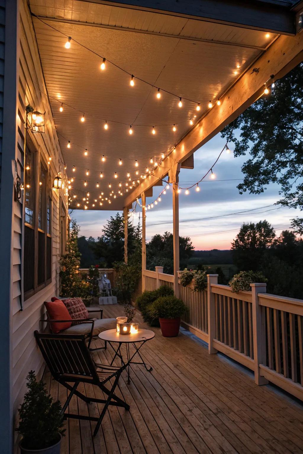 String lights create a cozy and magical porch ambiance.