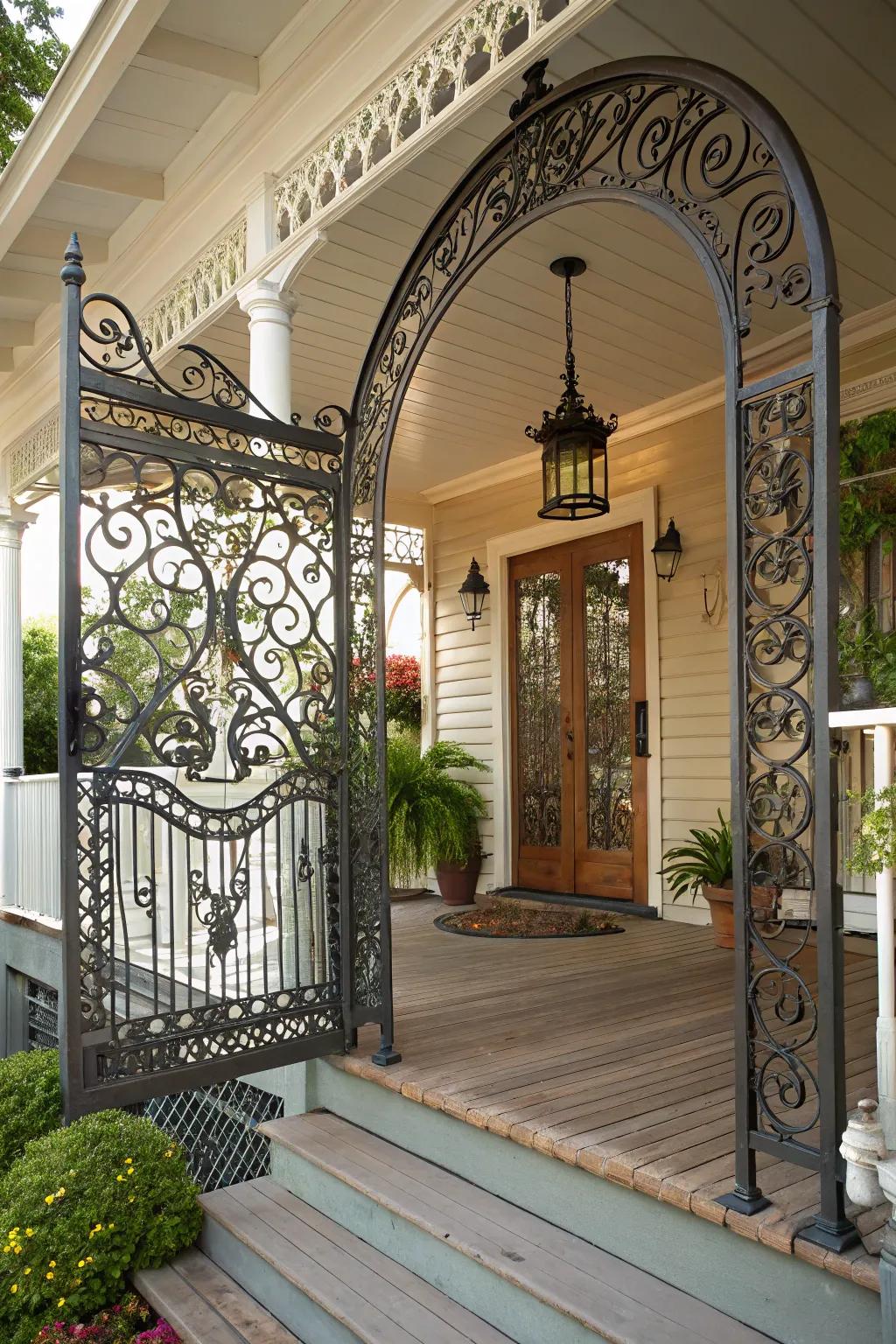 Intricate ironwork transforms a porch into a masterpiece.