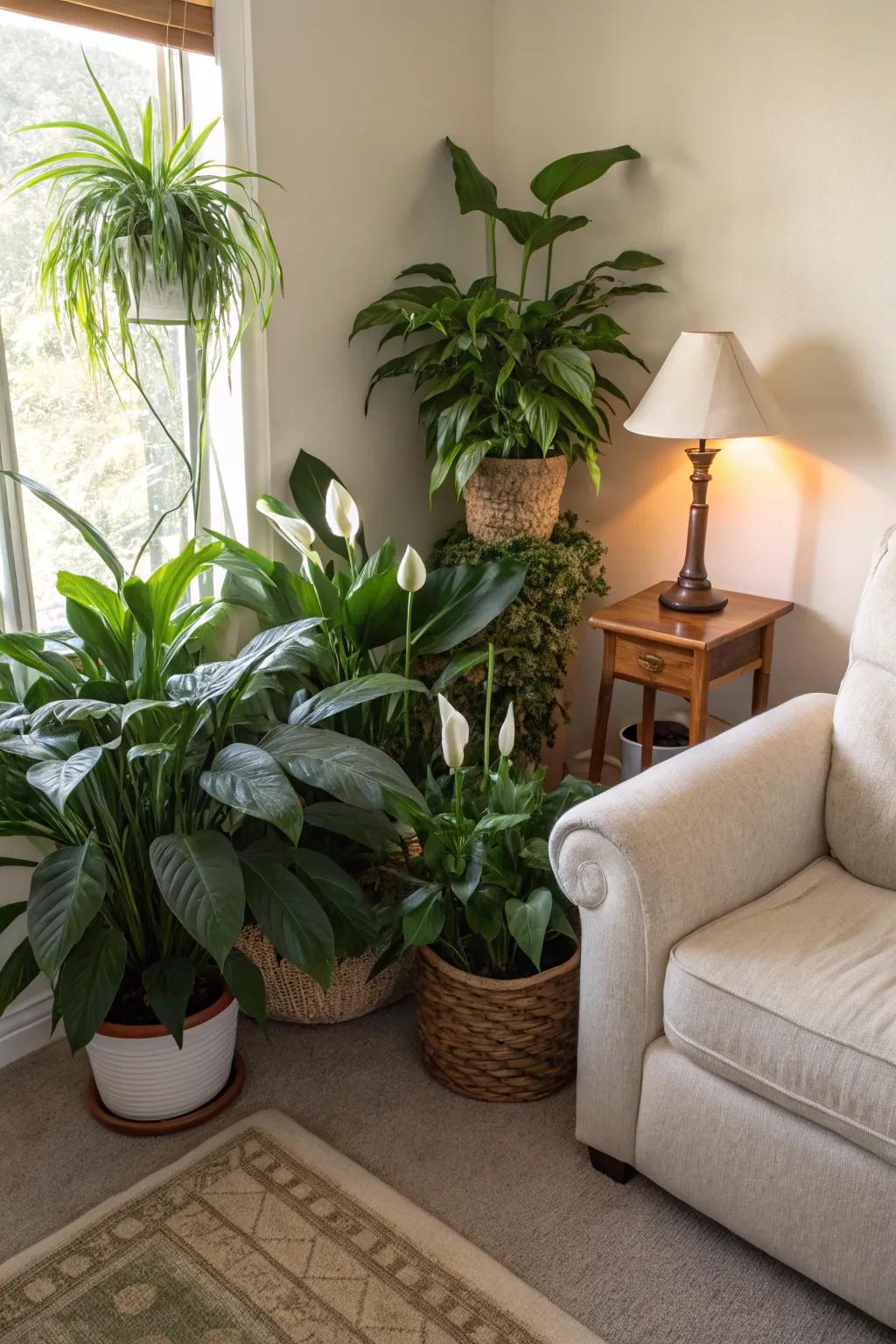 An inviting corner brought to life through the synergy of grouped botanical elements.
