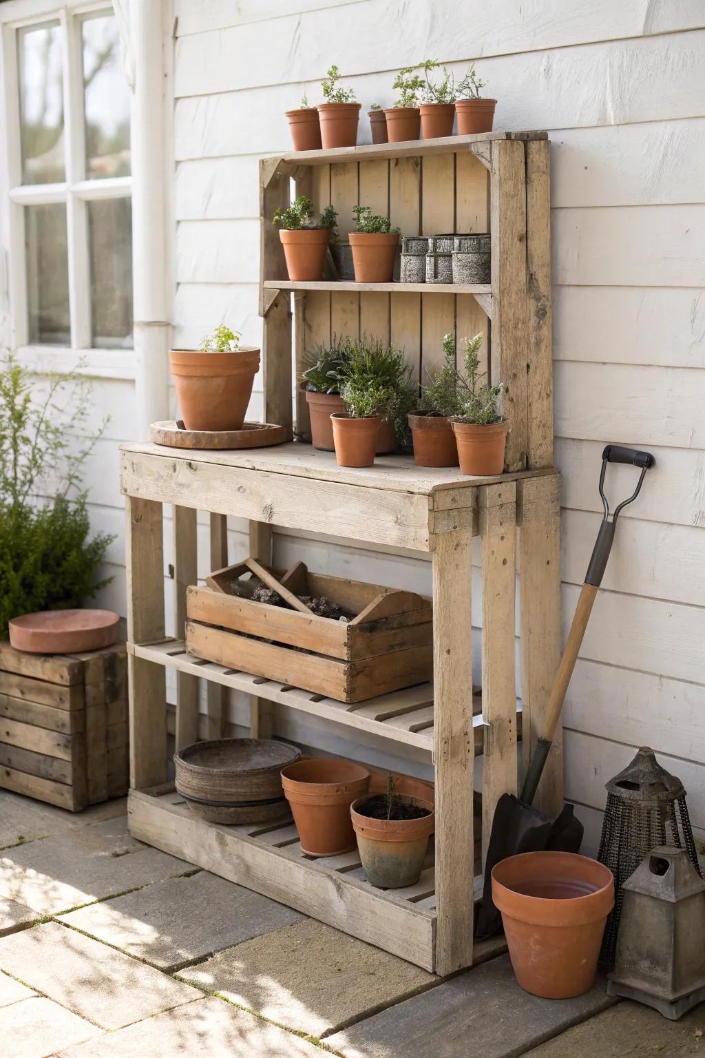 Transform your potting space with rustic wooden crate shelving, merging style and functionality effortlessly.