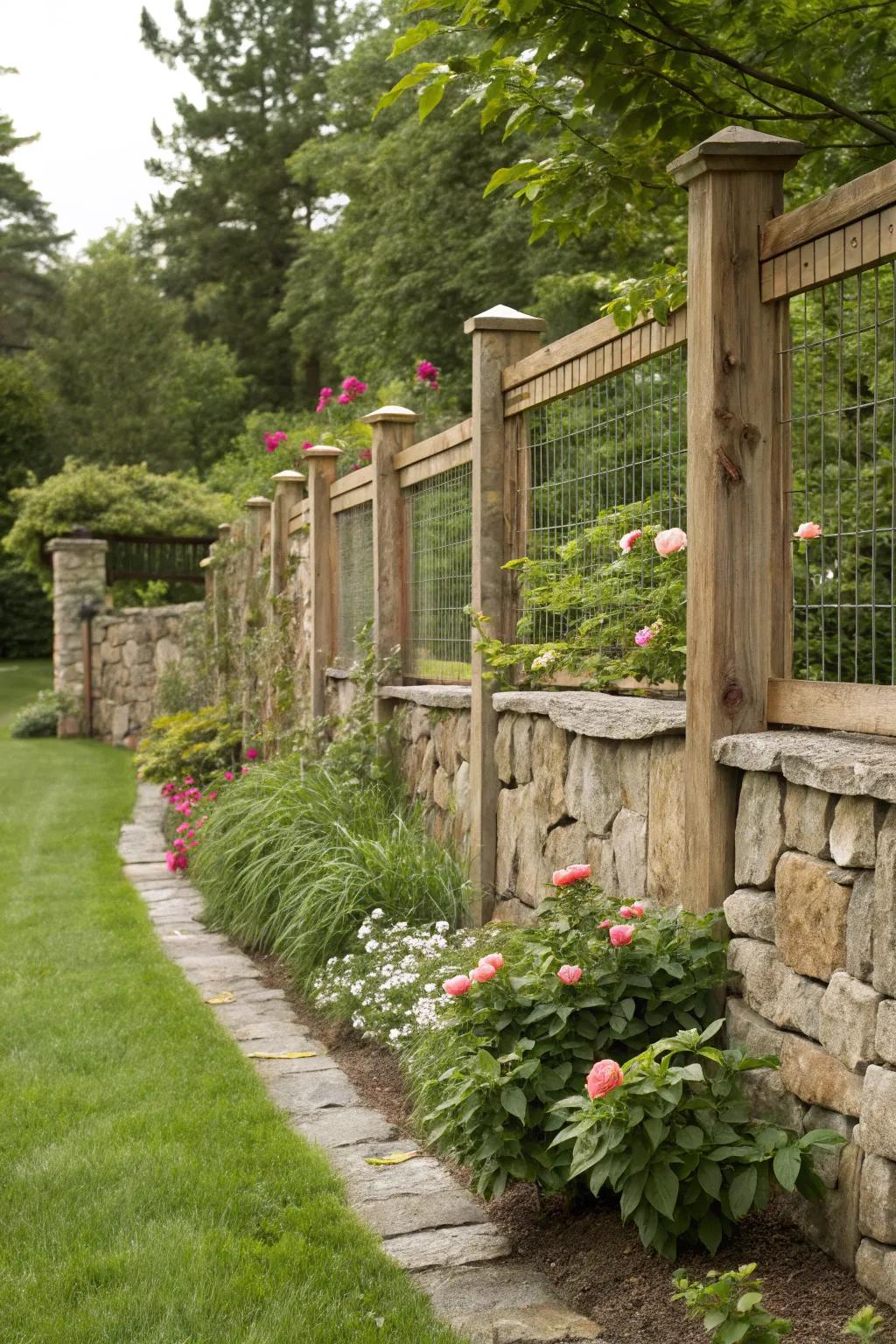 The synergy of stone and lumber crafts a sturdy and delightful wall.