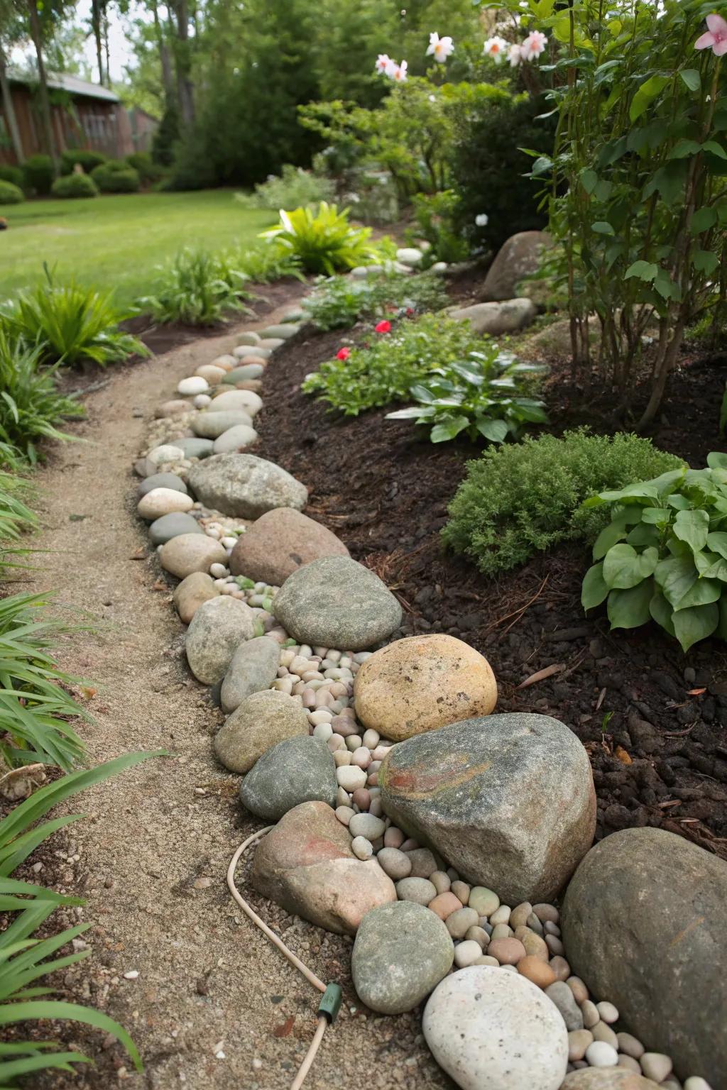 An artistically arranged border of rocks and stones.
