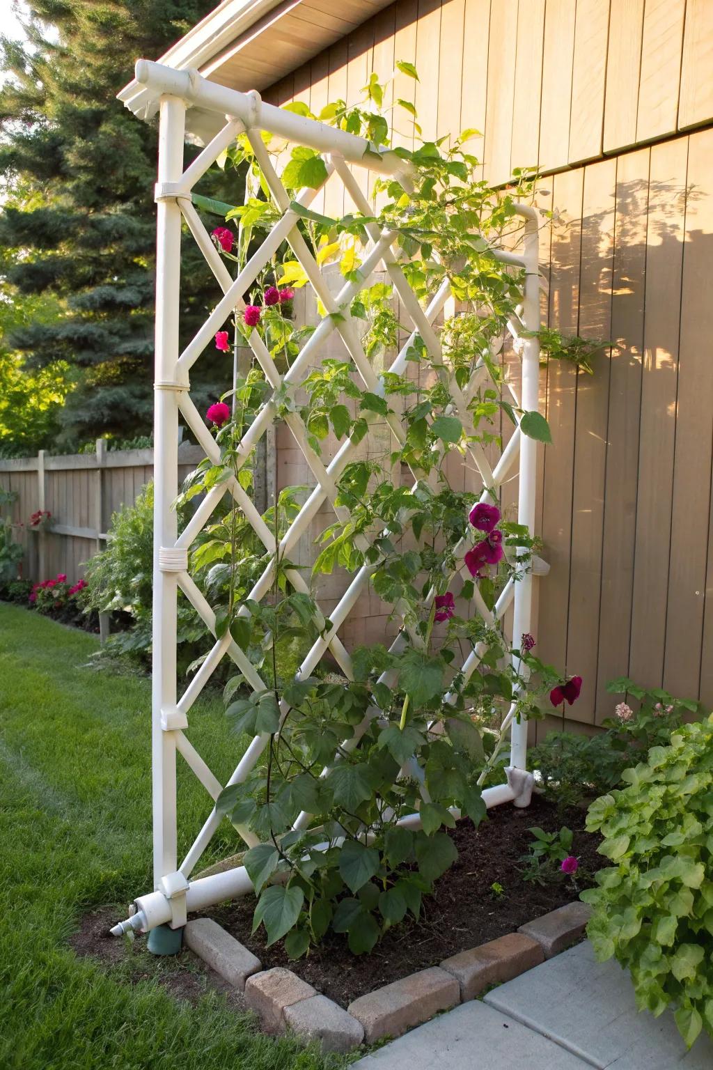 Elevate your garden's corners with a striking PVC trellis, perfect for supporting lush vining plants.