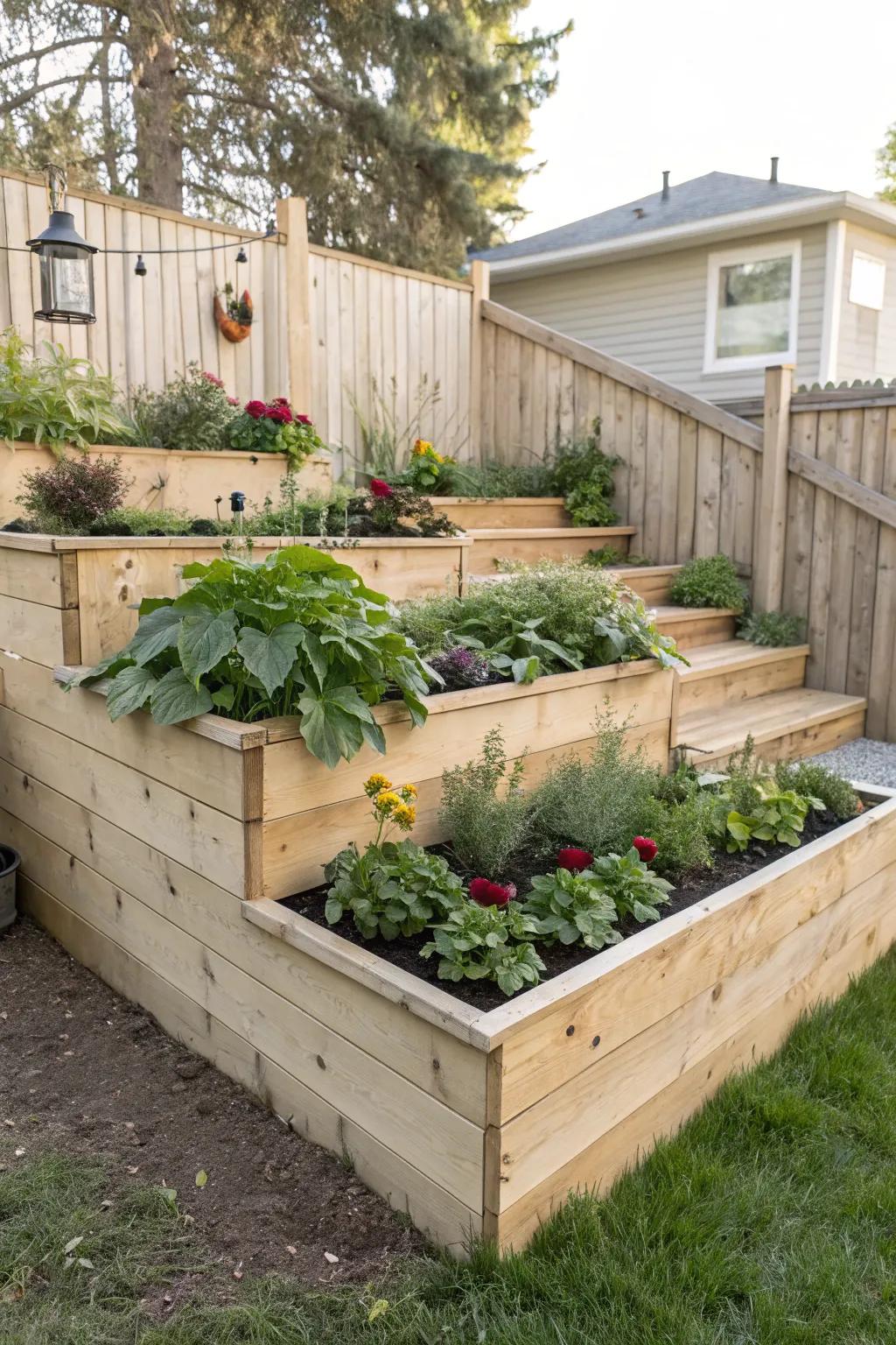 Maximize your garden's potential with tiered elegance and vibrant greenery.