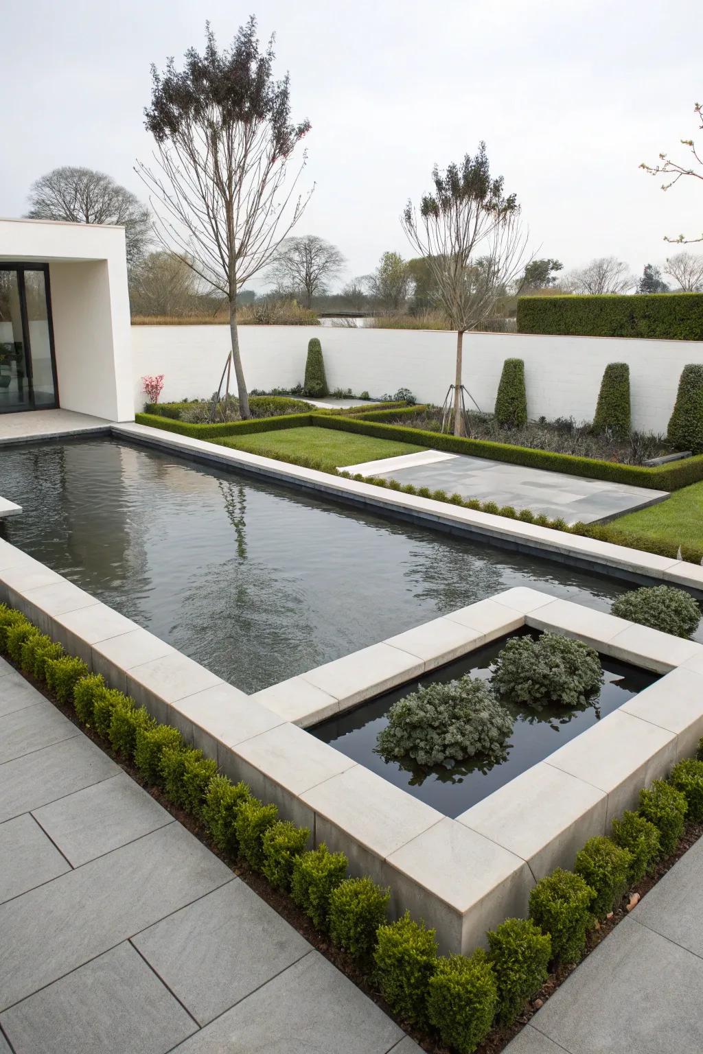 A refined, contemporary elevated koi pond with geometric polish.