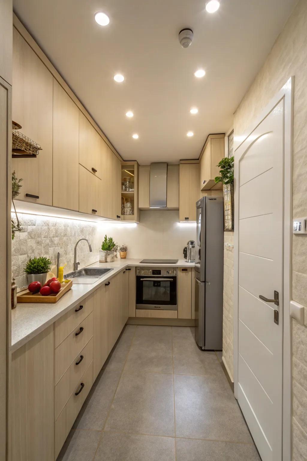 Neutral colors and recessed lighting work together to open up the space.