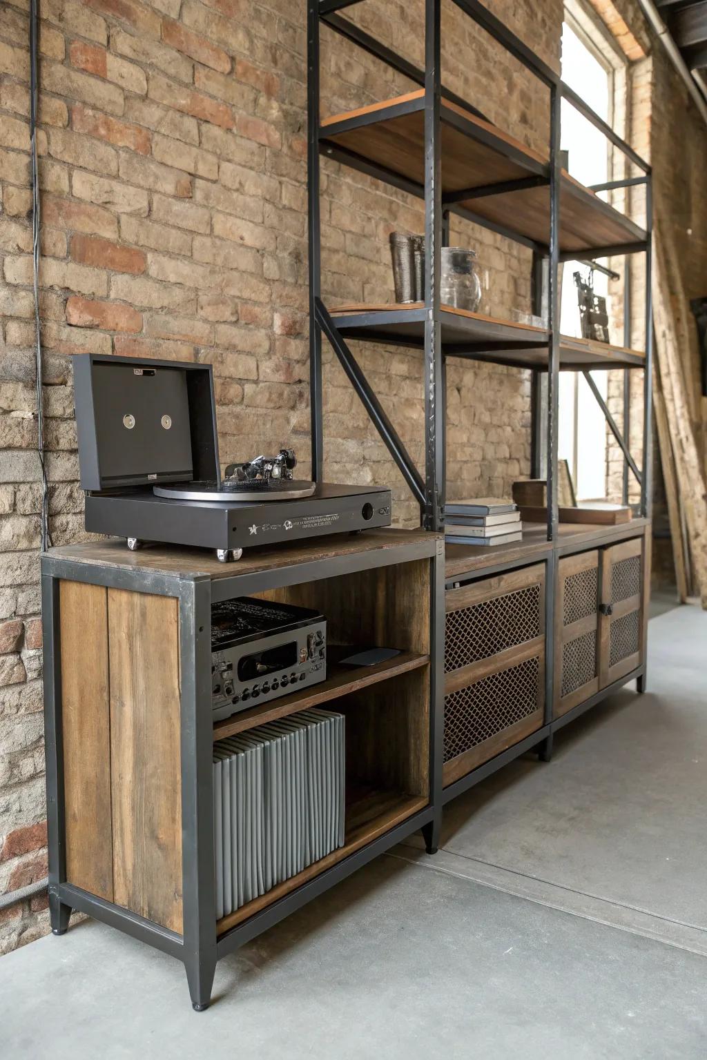 Industrial chic record player setup with metal and wood elements.