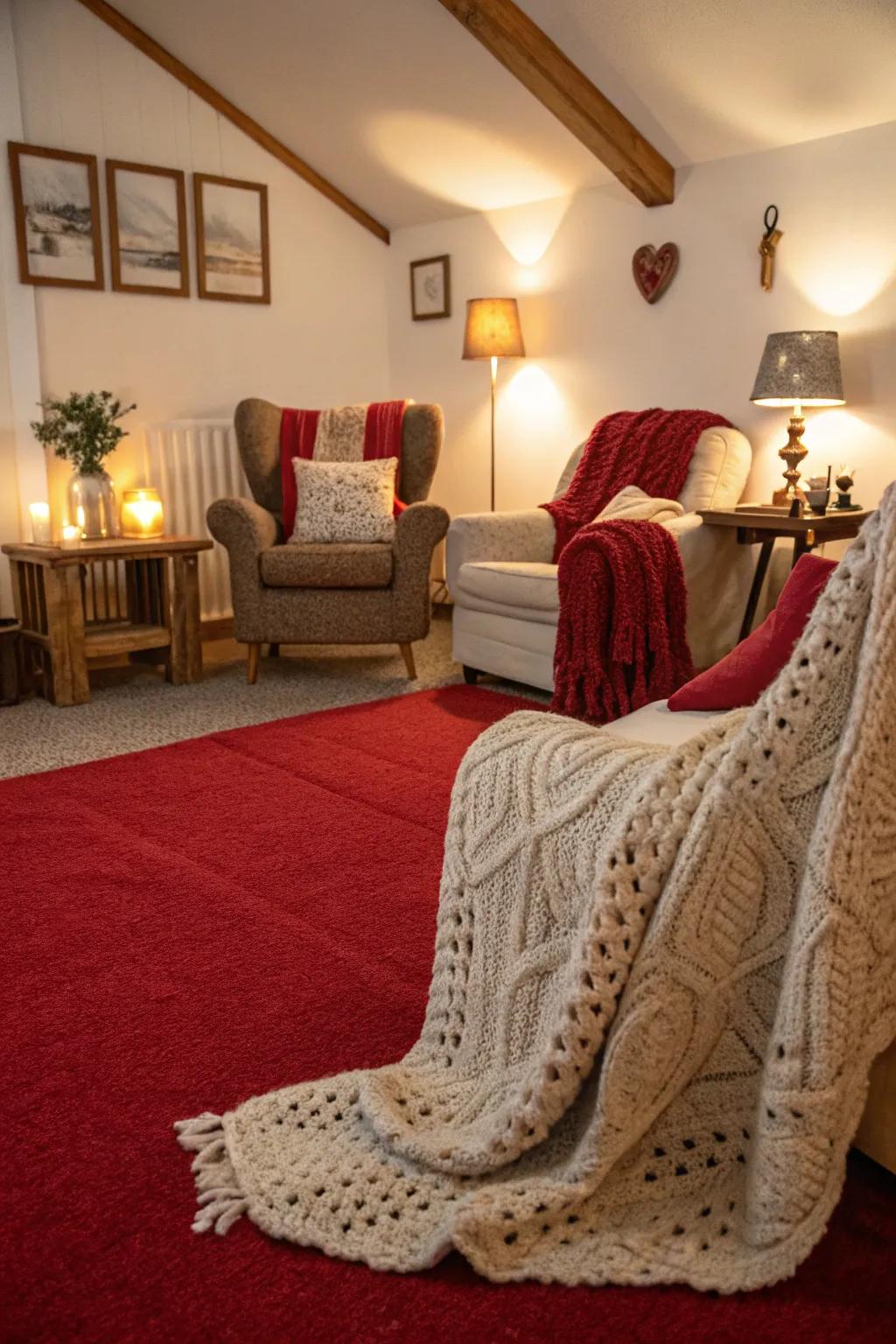 A comfy lounge providing warmth via a crimson carpet and soft materials.