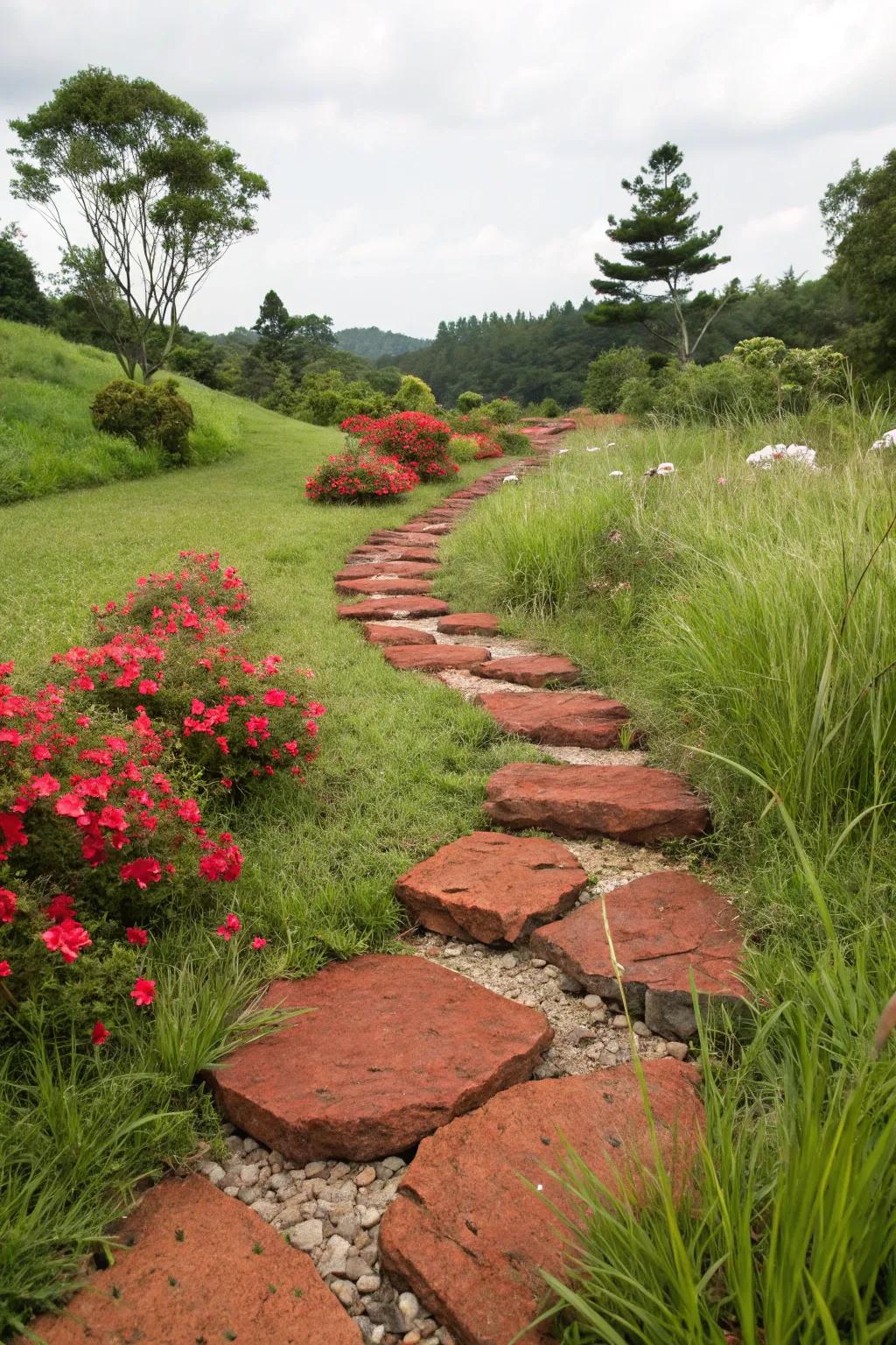A charming pathway lined with red lava rocks and stepping stones.