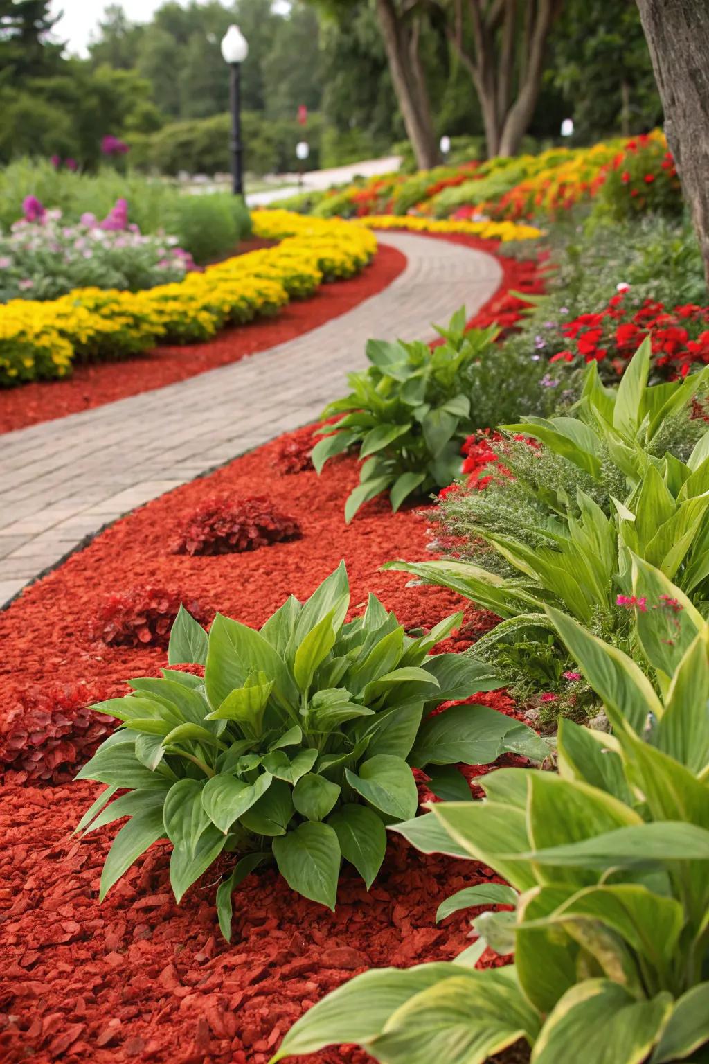 The contrast between red mulch and greenery creates a visually dynamic garden.