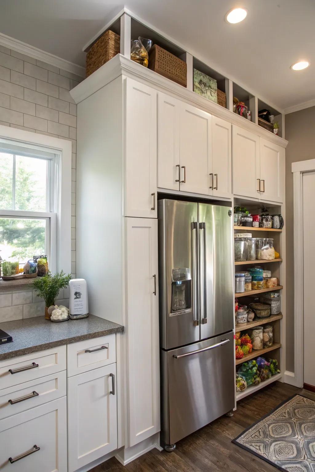 Stylish overhead cabinets make good use of the space above the refrigerator.