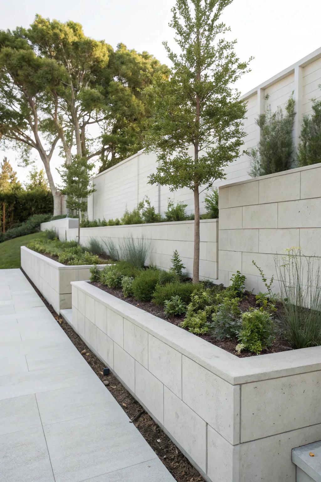 Uncluttered lines and modernistic aesthetics yield a refined retaining wall visual.