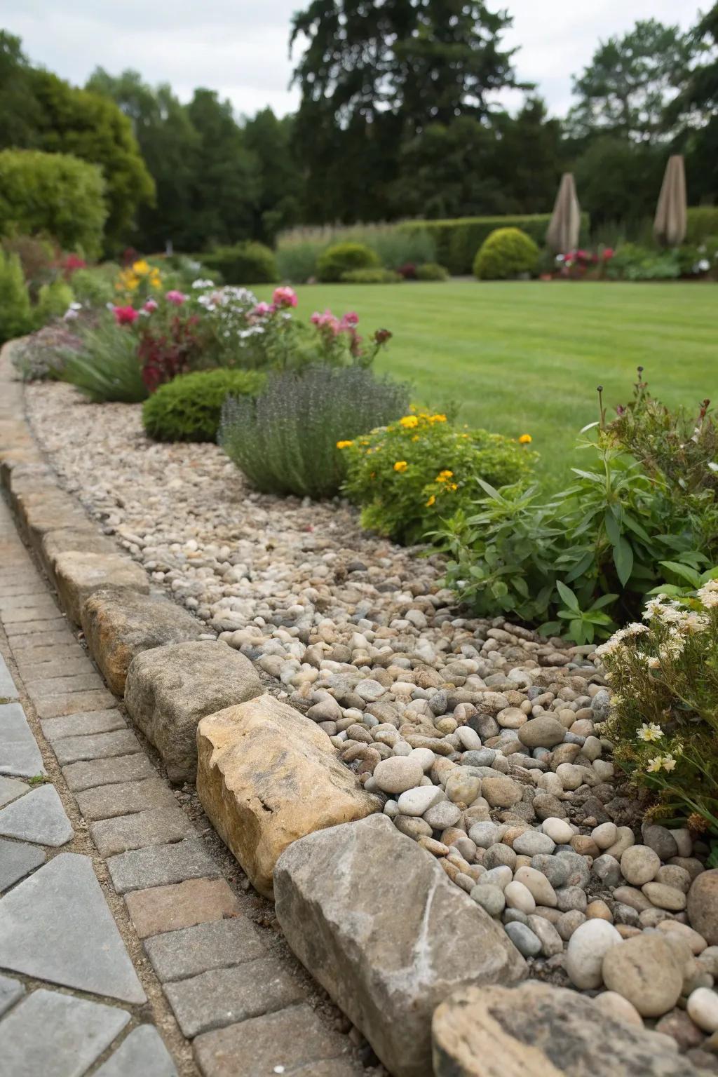 A garden perimeter incorporating mixed stone and gravel features for a textured and cohesive aesthetic.
