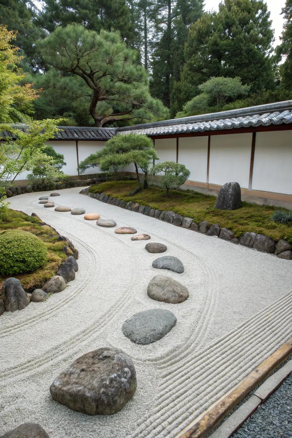 A minimalist Zen stone garden showcasing structured stones and combed gravel.