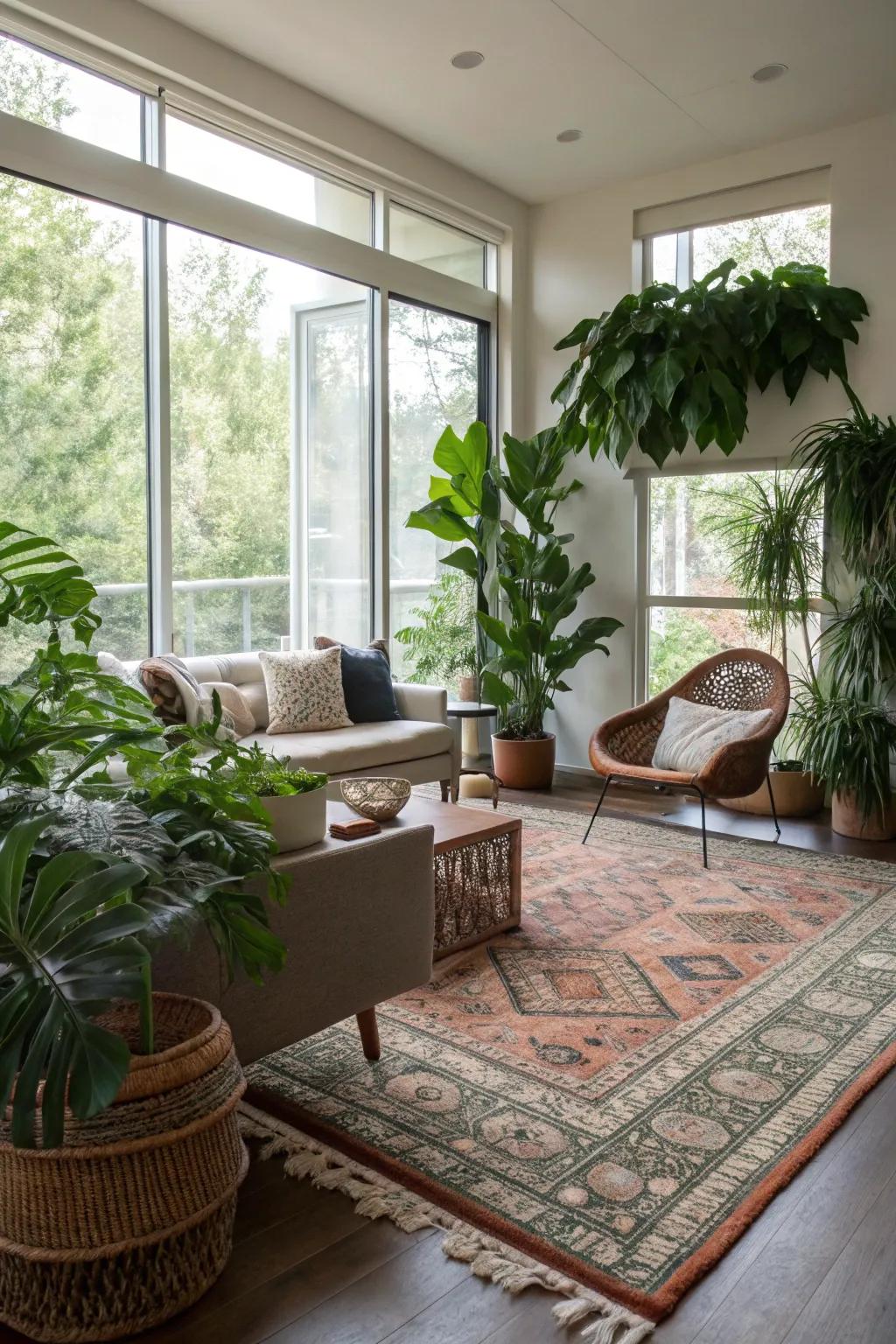 A contemporary area revived with plants and a defining rug.