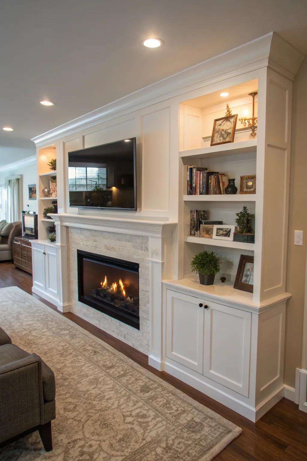 A media center integrated with a fireplace keeps the living area stylish and organized.
