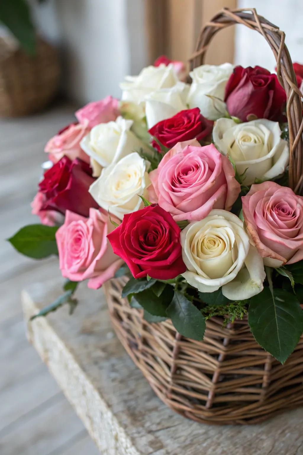 A whimsical mix of rose colors in a charming basket.