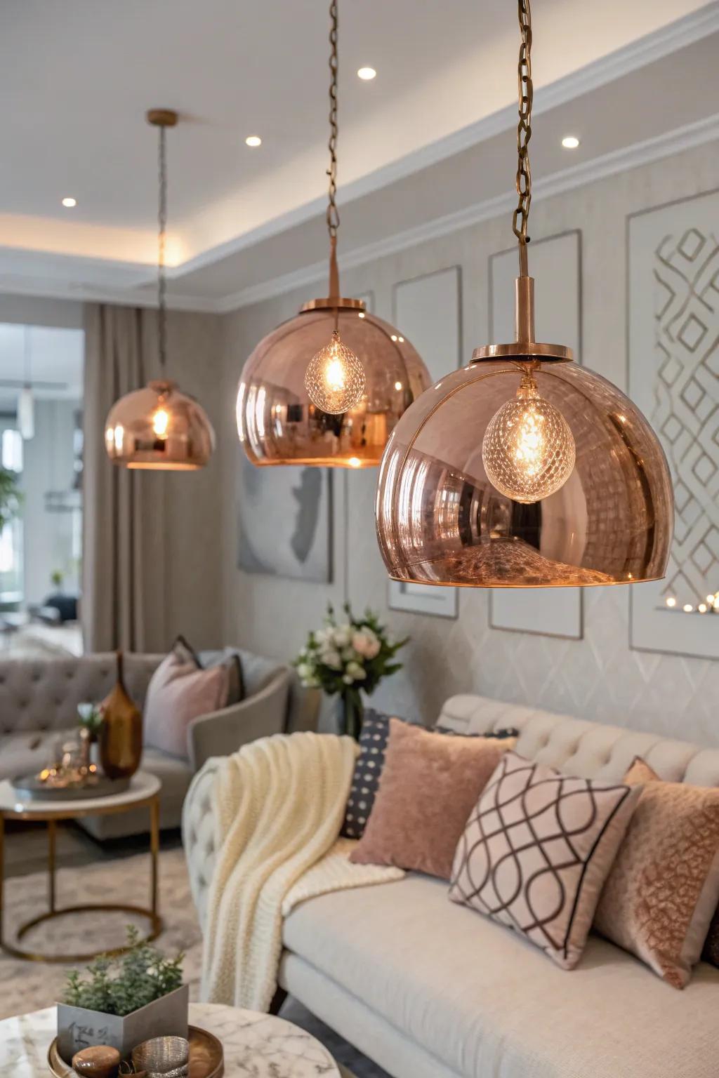Rose gold suspended lights incorporate comfort and elegance to the area.