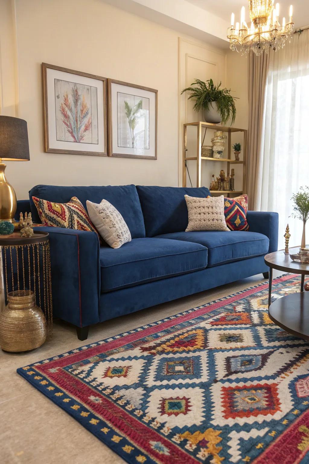 A motif-rich rug enhances the cobalt settee, imparting warmth and texture to the area.