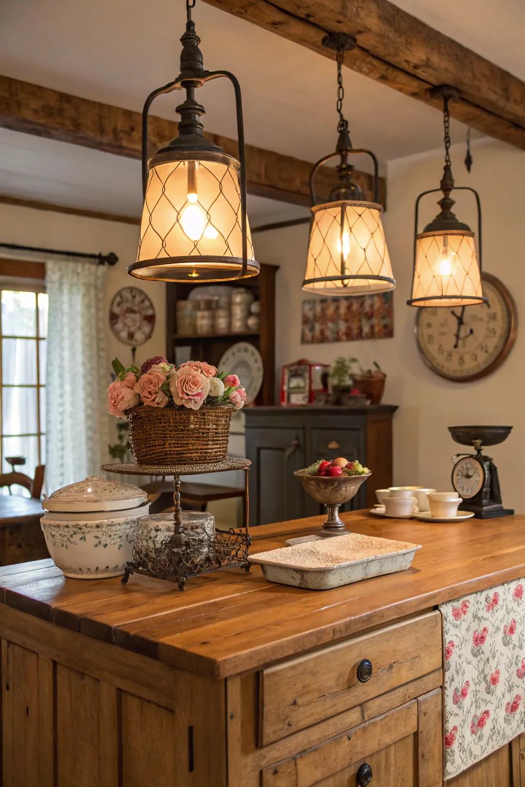 A farmhouse-style cooking space hub embellished with period lamps and ornamental highlights.