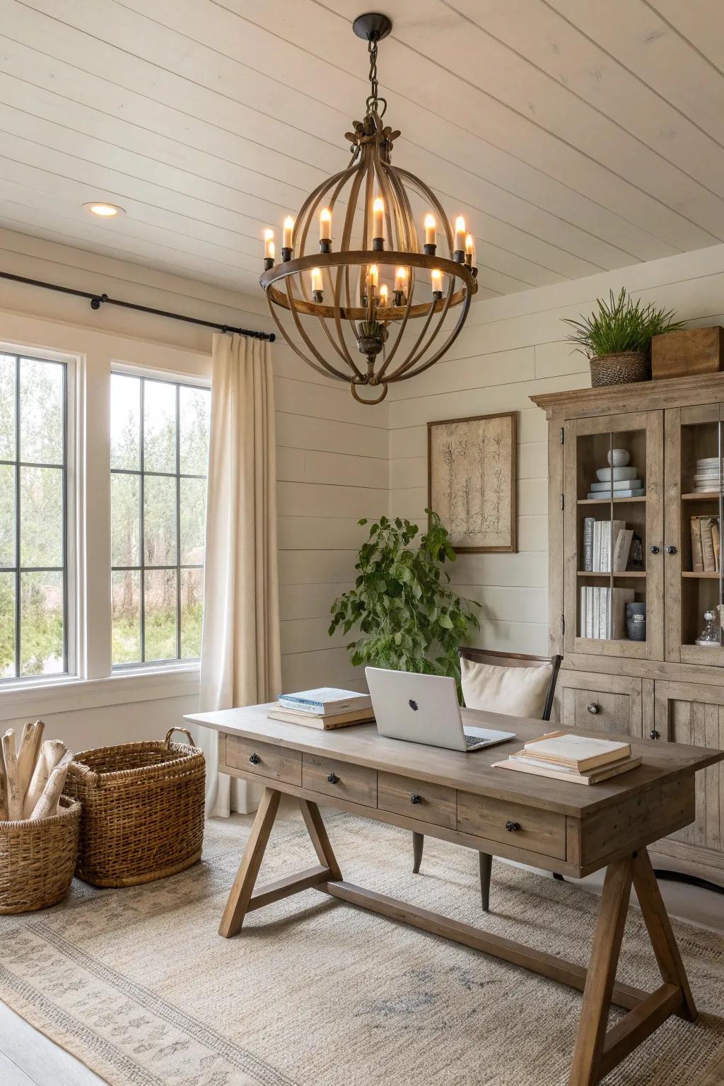 Fill your workspace with a country-style hanging lamp, mixing elegance with farmhouse beauty.