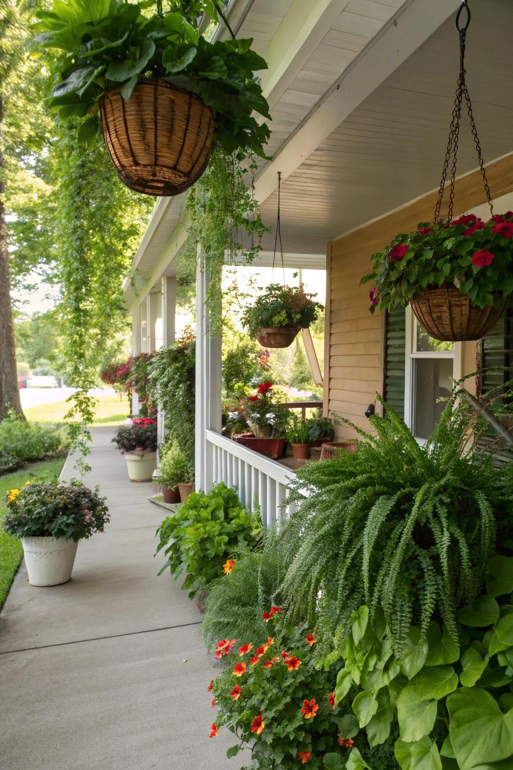 Potted plants and hanging baskets add life and color to a rustic porch.