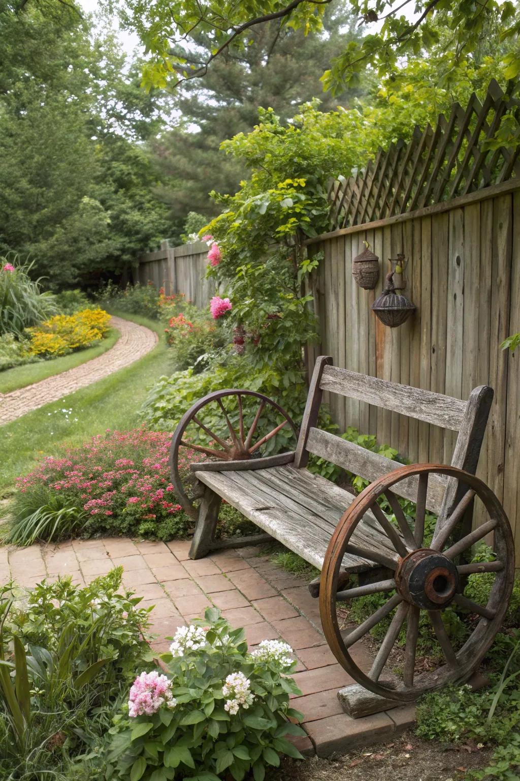 A garden bench featuring cartwheels, contributing a vintage ambiance.