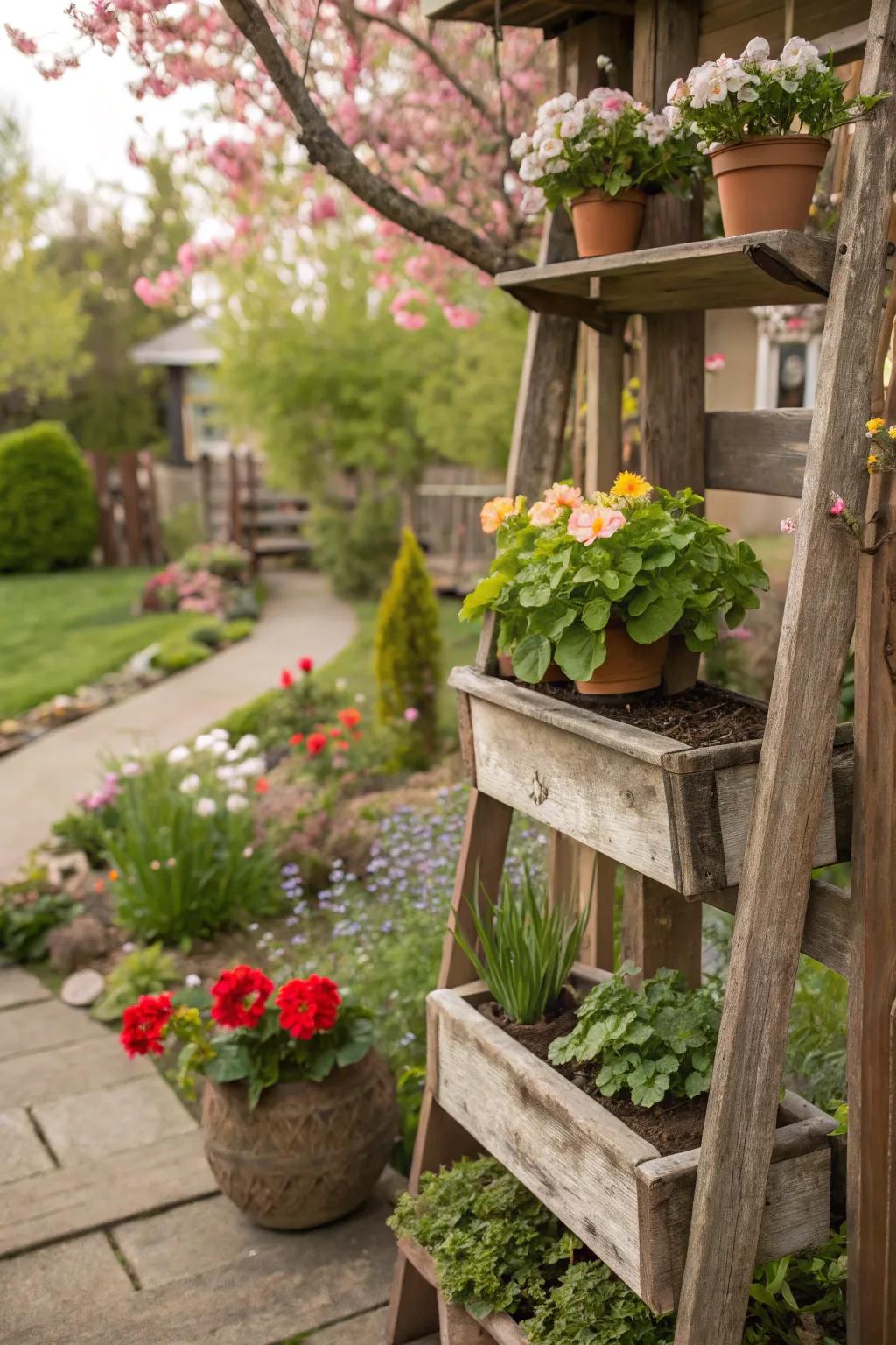 Reclaimed wood shelves showcasing plants in a rustic garden.