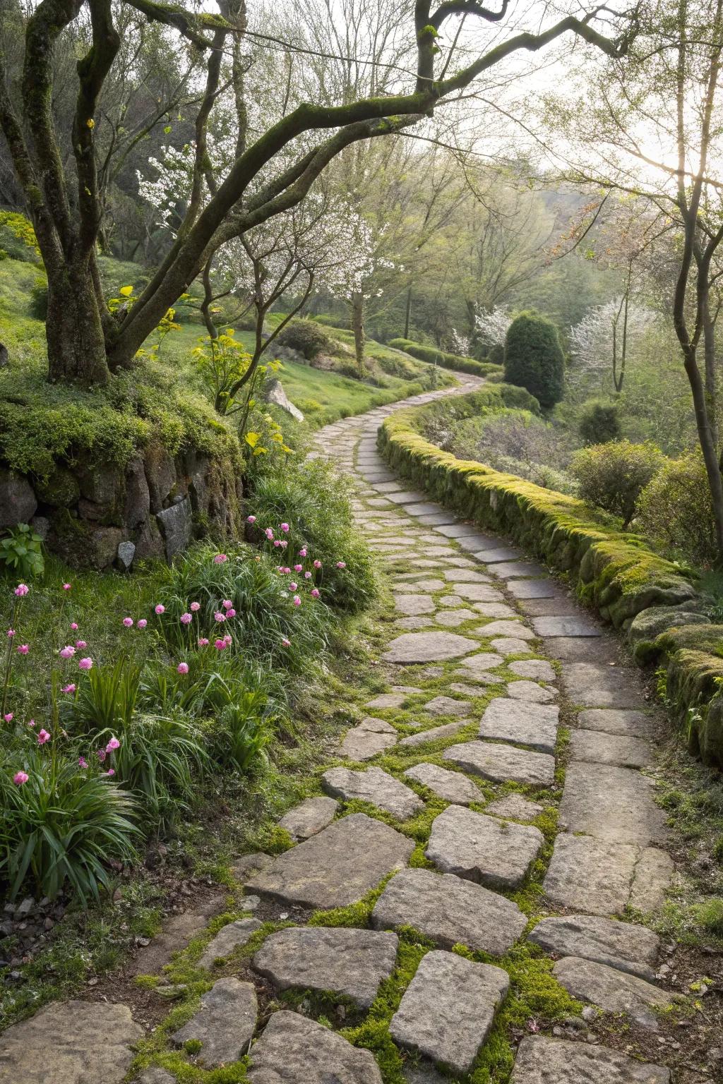 A meandering rock pathway through a vibrant countryside garden.