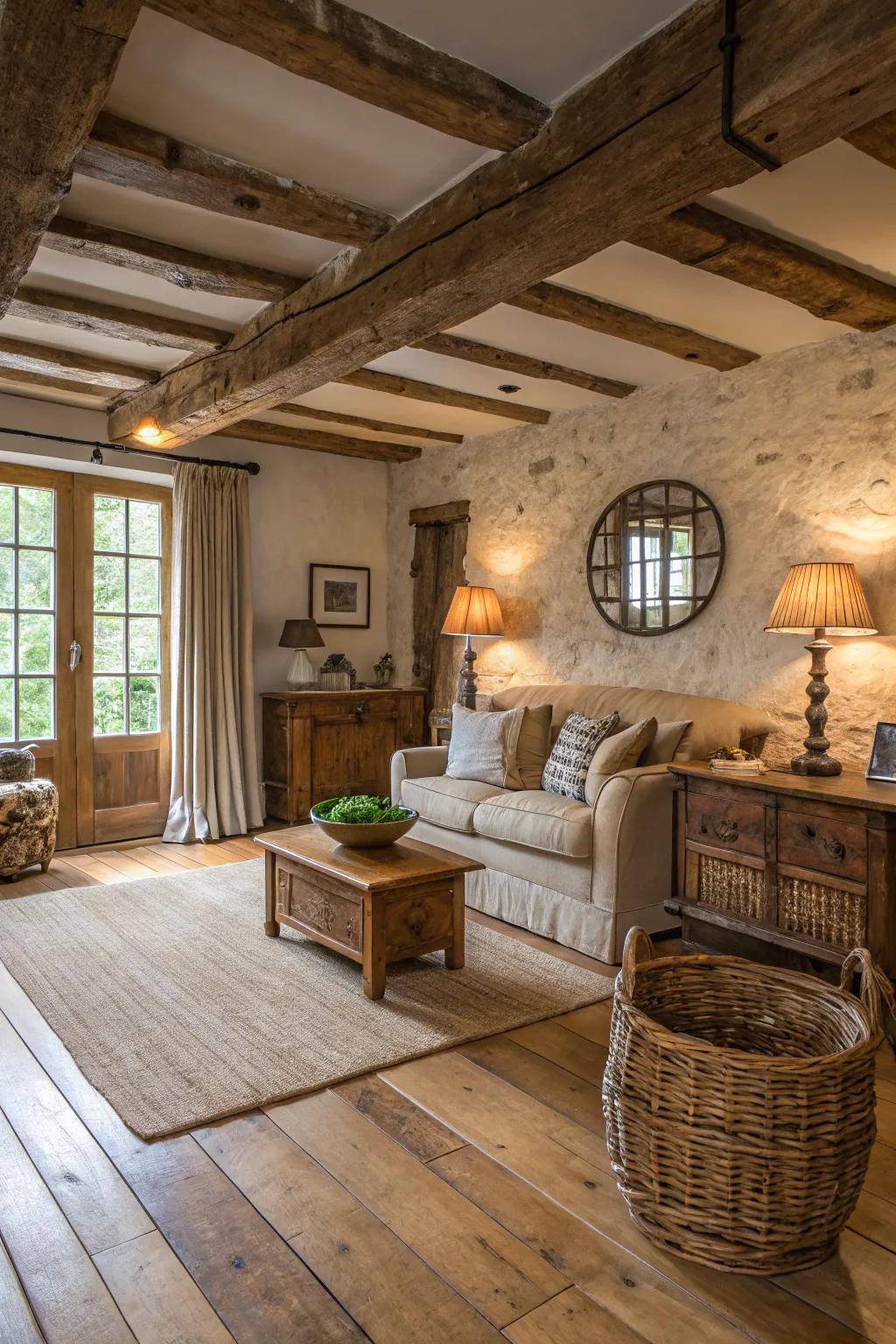 Hardwood floors with a natural finish supply an inviting and elegant starting point for rural spaces.