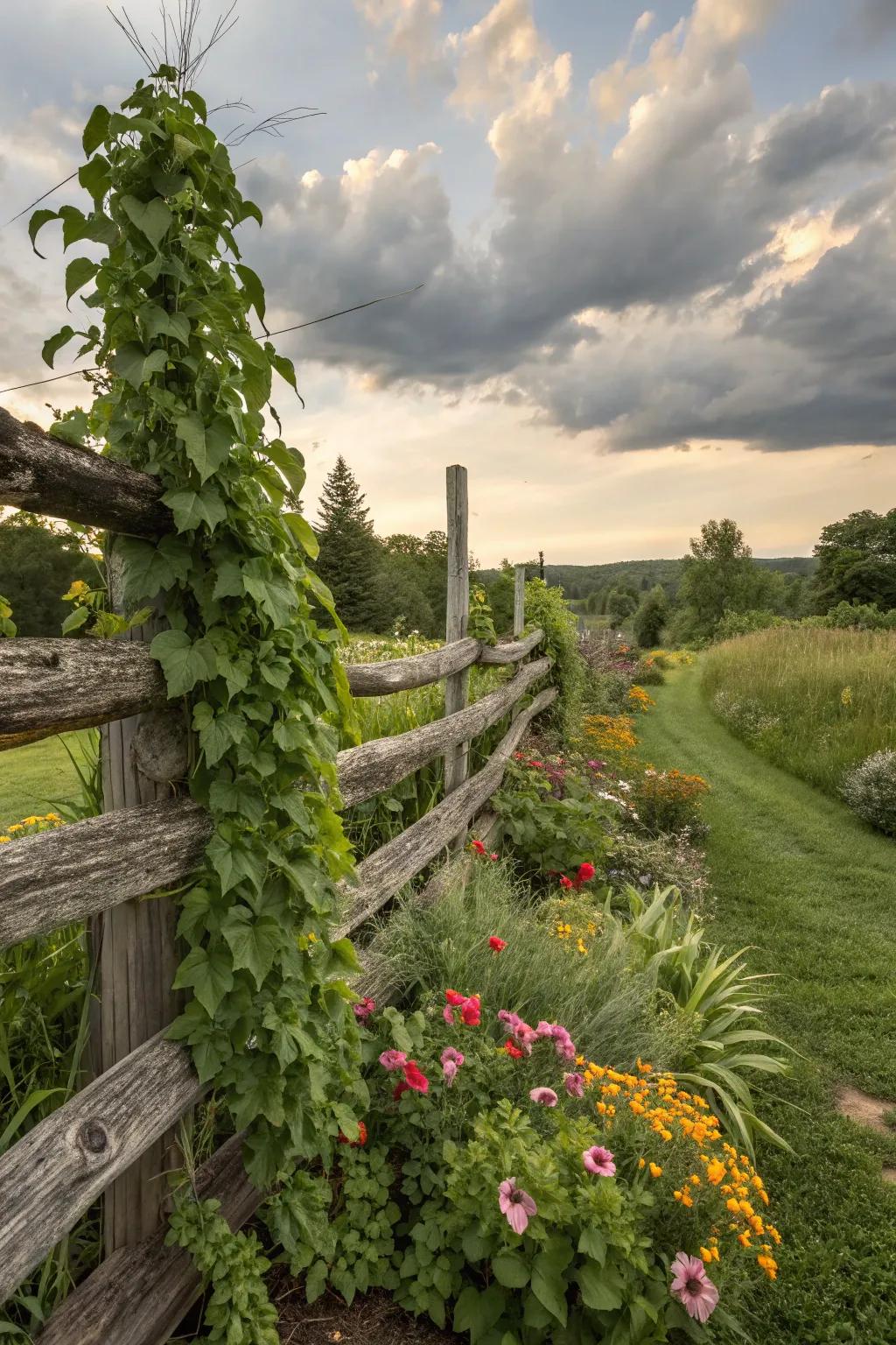 Layered logs compose a sturdy fence, lending depth and tactile interest to a flourishing garden.