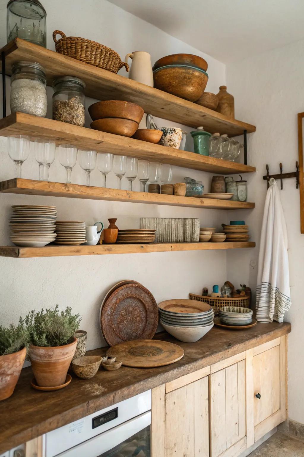 Open shelving offers both style and functionality in a farmhouse kitchen.