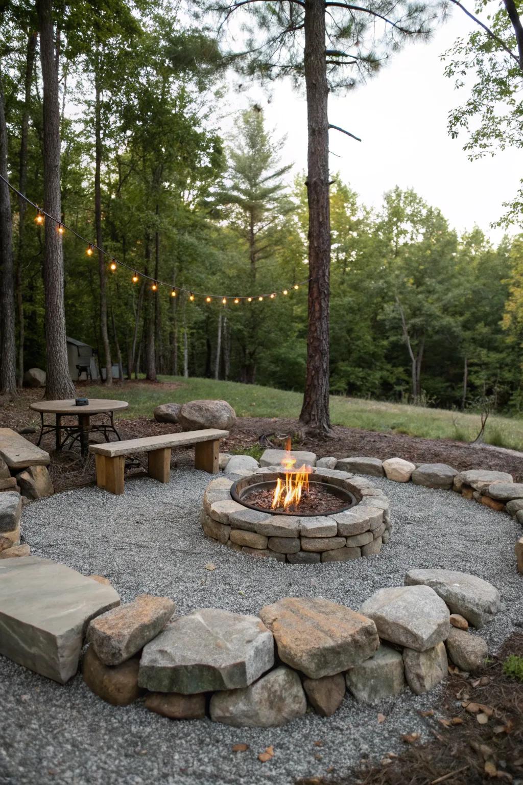 A practical and beautiful stone and gravel fire pit.