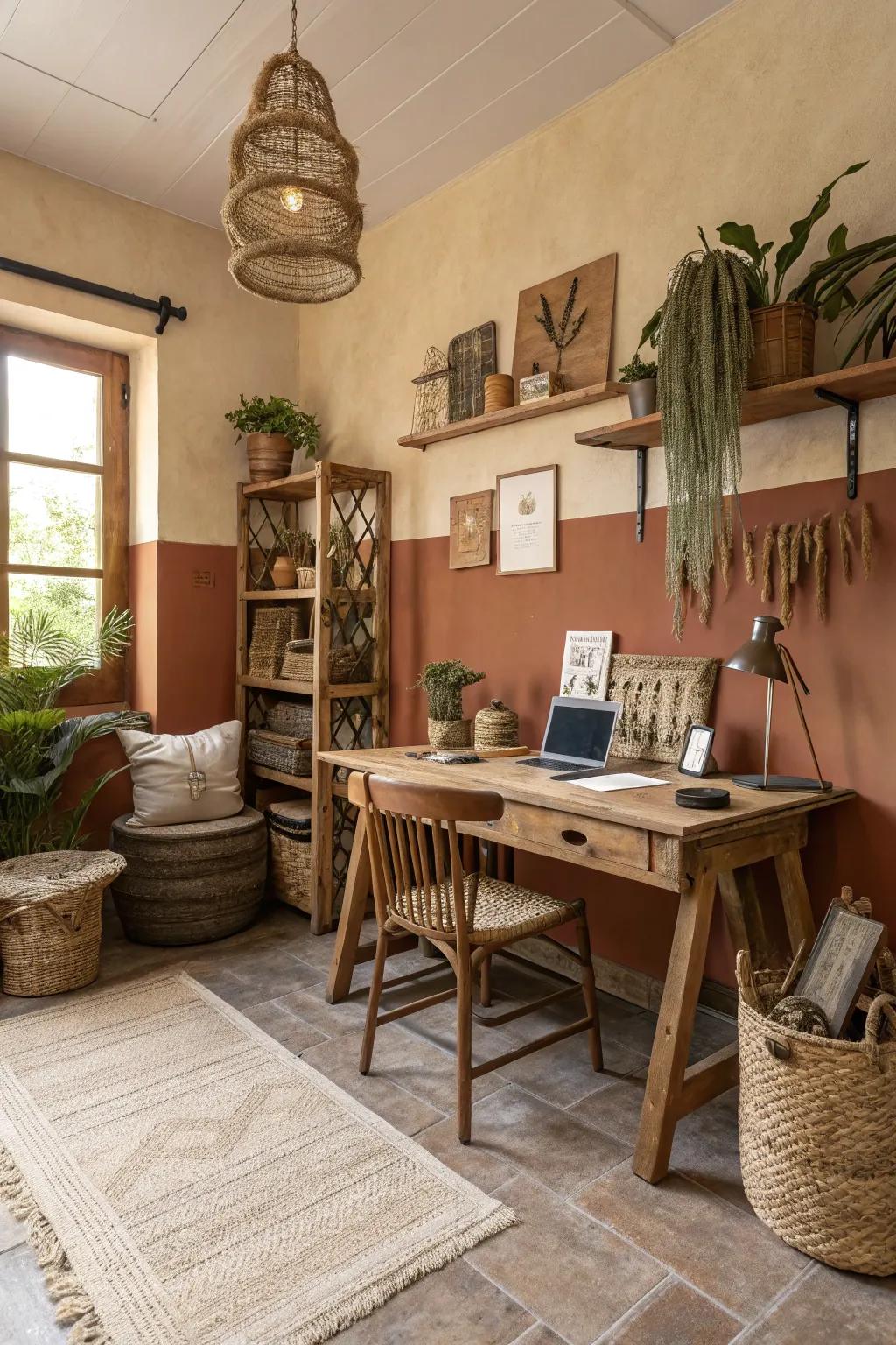Earthy colors create a serene atmosphere in a rustic office.