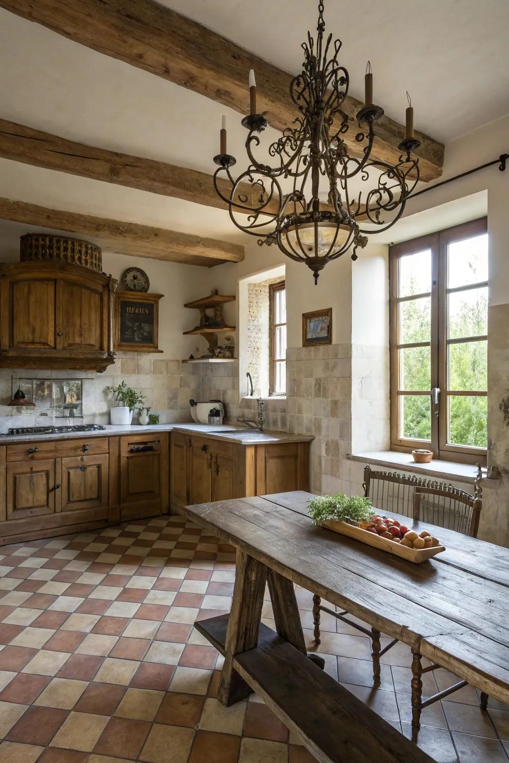 A hand-forged chandelier incorporates vintage elegance to the kitchen.