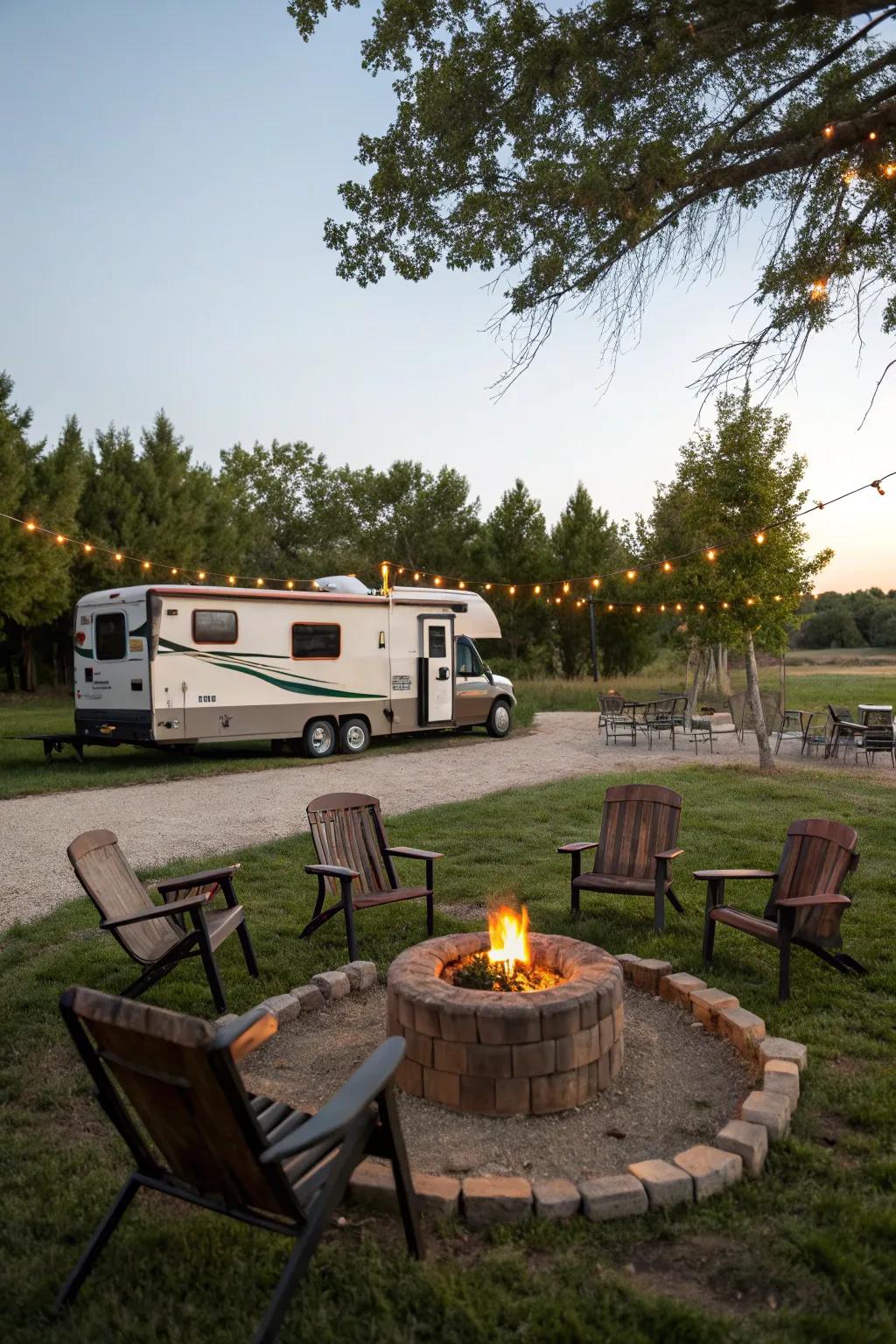 A bonfire zone delivers warmth and a natural get-together point.