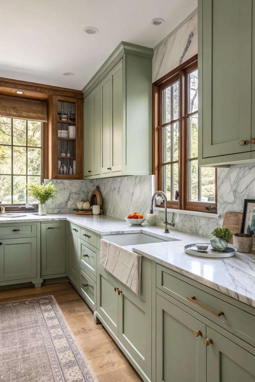 Marble surfaces create a stunning juxtaposition to sage green kitchen furniture.