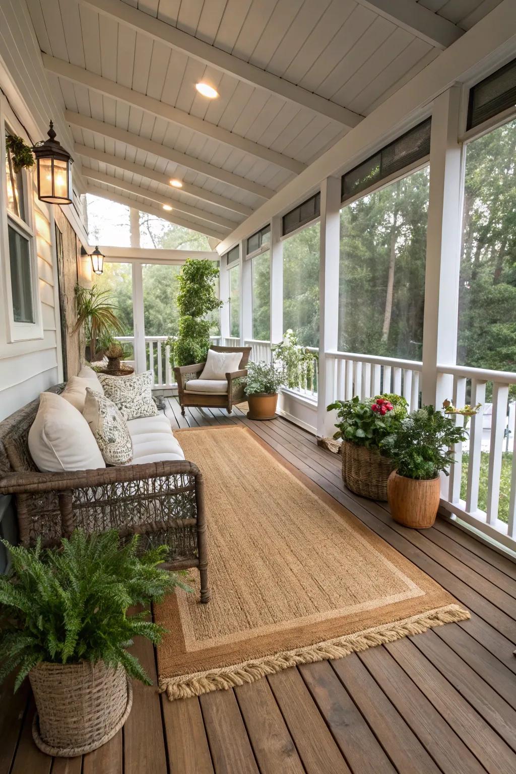 A grass weave carpet adds texture and warmth to the porch.